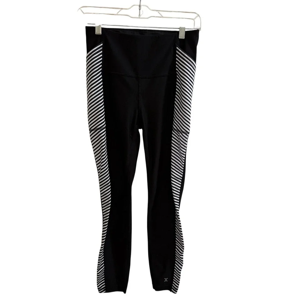 Xersion Black White Stripe Ankle Leggings Quick Dry Activewear‎ Size S